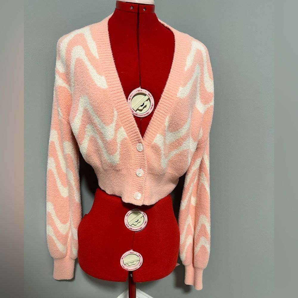Altered state, pink and white cardigan, size small